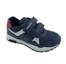 Load image into Gallery viewer, A navy and red Geox Pavel trainer with a breathable foot bed and double velcro fastening.