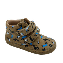 Load image into Gallery viewer, Brown baby shoe with blue and black patterns on a white background
