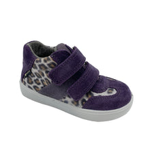 Load image into Gallery viewer, Purple children's shoe with leopard print pattern on a white background