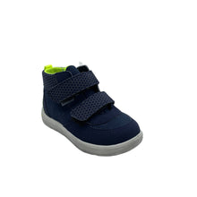 Load image into Gallery viewer, A navy blue Ricosta Rory ankle boot with a green velcro strap, designed for boys, displayed against a white background.