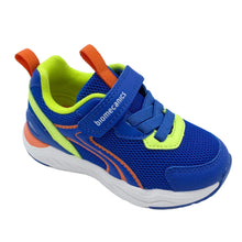 Load image into Gallery viewer, Blue children's sneaker with green and orange accents on a white background