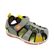 Load image into Gallery viewer, Children's sandal with gray, yellow, and black design on a white background