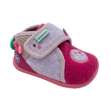 Load image into Gallery viewer, A toddler's soft felt slip-on shoe in pink and lavender, featuring a hook-and-loop strap with a small green brand tag, decorative embroidered details, and a pink sole.