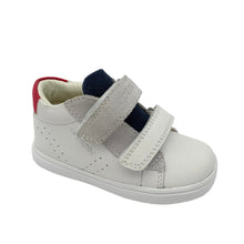 Load image into Gallery viewer, A white and red Geox Biglia baby shoe with leather upper and insole, featuring a breathable footbed and non-slip sole.