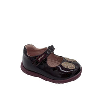 Load image into Gallery viewer, A burgundy leather Mary Jane shoe with a sparkle bow detail on the top and a single velcro fastening.