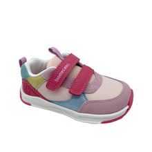 Load image into Gallery viewer, A toddler's multicolor sneaker by Domincare, featuring pink and lavender panels, a light blue side panel, a yellow-green heel accent, and two pink hook-and-loop straps.