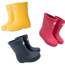 Load image into Gallery viewer, Three pairs of colorful rain boots on a white background