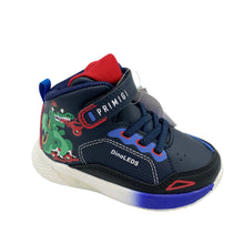 Load image into Gallery viewer, Children's dinosaur-themed sneaker with red and blue accents on a white background