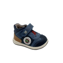 Load image into Gallery viewer, A blue and tan Garvalin Energy toddler shoe with a single velcro fastening and a sporty sole unit, suitable for boys.