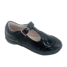 Load image into Gallery viewer, A single black patent leather Mary Jane school shoe with a silver buckle strap, shown from a three-quarters angle on a white background.