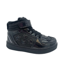 Load image into Gallery viewer, Black high-top sneaker with star and heart designs on a white background