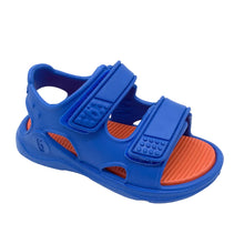 Load image into Gallery viewer, Blue sandal with orange soles on a white background