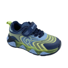 Load image into Gallery viewer, A kids' athletic sneaker in navy blue, light blue, and olive green, featuring a hook-and-loop strap closure and a textured wavy pattern on the side.