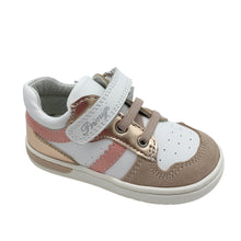 Load image into Gallery viewer, A child's trainer shoe in white, rose gold, and peach colors with a leather upper, lining and insole, featuring a single velcro fastening and elasticated lace.