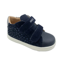 Load image into Gallery viewer, Navy blue children's shoe with velcro straps on a white background