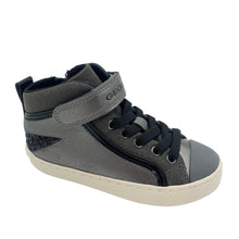 Load image into Gallery viewer, A grey and black Geox Kalispera hi-top trainer with elasticated lace, velcro strap, and side zip, featuring a black glitter star detail on the heel and sparkly grey fabric along the laces and ankle cuff.