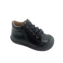 Load image into Gallery viewer, Black patent leather ankle boot with croc skin finish, featuring a lace-up closure and a non-slip rubber sole.