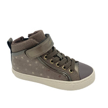 Load image into Gallery viewer, A smoke grey Geox Kalispera Hi-Top trainer with elasticated lace and velcro strap, featuring a star detail along the side and a breathable footbed with leather insole.