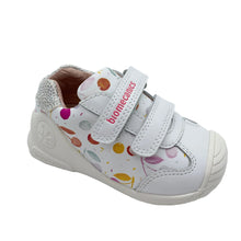Load image into Gallery viewer, White children's shoe with colorful patterns on a light gray background