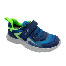 Load image into Gallery viewer, A kids' athletic shoe in navy blue and bright blue with neon green accents and a white sole, shown on a light gray background.