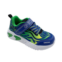 Load image into Gallery viewer, Blue and green sneaker with white sole on a light gray background