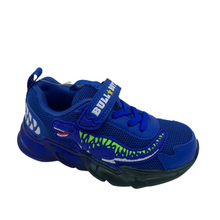 Load image into Gallery viewer, Royal blue sneakers with dinosaur character and bright blue lights in the sole, featuring a breathable upper and padded ankle.