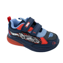 Load image into Gallery viewer, Children's athletic shoe with blue, red, and black design on a white background