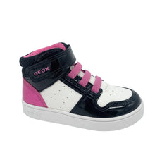 Load image into Gallery viewer, High-top sneaker with pink and black design on a white background