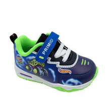 Load image into Gallery viewer, Blue children's sneaker with green accents on a white background
