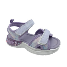 Load image into Gallery viewer, Purple children's sandal with floral designs on a white background