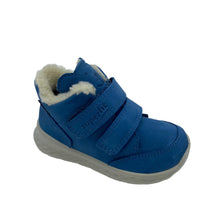 Load image into Gallery viewer, A blue velcro shoe with a fleece lining and a bear shape on the tongue.