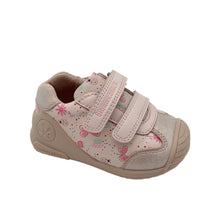 Load image into Gallery viewer, A pink shoe with a pattern of butterflies and ladybugs, featuring double velcro straps.