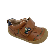 Load image into Gallery viewer, A brown leather children's shoe with a Velcro fastening and an embroidered tractor detail on the side.