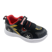 Load image into Gallery viewer, A child's racing car trainer shoe with black and orange design, featuring light-up wheels and a hook and loop closure.