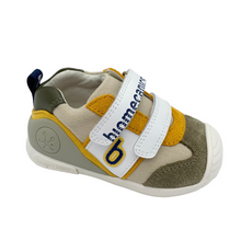 Load image into Gallery viewer, A pair of truffle and khaki colored baby shoes with double velcro straps and a branded insole.