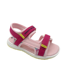 Load image into Gallery viewer, A fuschia pink and yellow Pablosky neoprene sandal with velcro fastening across the toe and ankle, displayed against a white background.