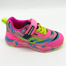 Load image into Gallery viewer, A child's multicolored sneaker with pink and fuschia hues, featuring elastic laces and a Velcro strap.