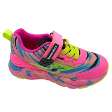 Load image into Gallery viewer, A child's multicolored sneaker with pink and fuschia hues, featuring elastic laces and a Velcro strap.