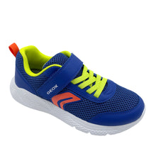 Load image into Gallery viewer, A royal blue and red Geox Sprintye running shoe with velcro fastening and elastic laces on a white background.