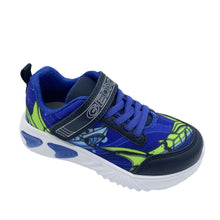 Load image into Gallery viewer, A royal blue and navy Geox Assister Lights Trainer with arrow-shaped lights in the sole, a velcro strap, and an elasticated lace.