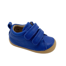Load image into Gallery viewer, A single cobalt blue toddler's shoe with double velcro fastenings and a rubber sole unit, displayed against a white background.