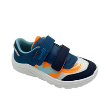 Load image into Gallery viewer, A pair of children's sneakers with blue and orange color scheme, featuring double velcro fastenings and a padded ankle.