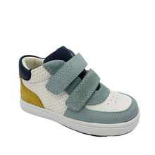 Load image into Gallery viewer, A pair of Geox Biglia White/Sage children's shoes with leather upper and double velcro fastening, in white, sage green, navy, and yellow colors.