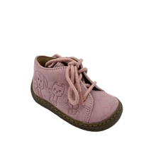 Load image into Gallery viewer, Pink leather baby shoe with lace fastening and a non-slip rubber sole.