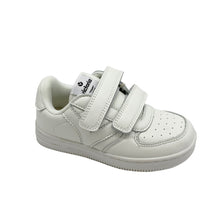 Load image into Gallery viewer, A white leather trainer with double velcro fastenings and padded ankle support.