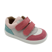 Load image into Gallery viewer, A child's shoe in coral, pink, and white colors with a leather & textile upper and double velcro fastenings.