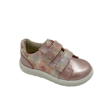 Load image into Gallery viewer, A pearlised rose gold printed leather upper children's shoe with double velcro fastenings and a lightweight flexible sole.