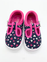 Load image into Gallery viewer, Startrite Wriggles Canvas T-Bar Navy/Pink Hearts