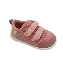 Load image into Gallery viewer, A pink Garvalin Barefoot Jungle Shoe with Velcro straps and jungle animal patterns on the side.