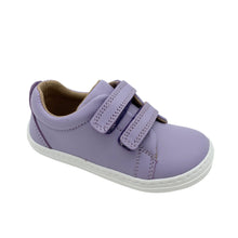 Load image into Gallery viewer, A single lilac-colored Petasil barefoot shoe for children with double velcro fastenings and a flexible rubber sole.